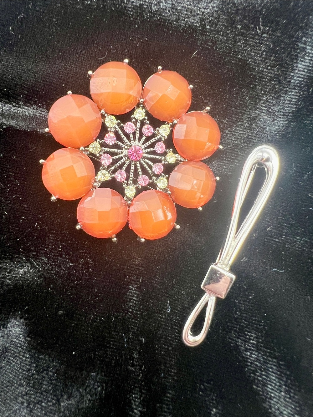 2 Brooches - Orange Flower with Rhinestones and a Silver-tone